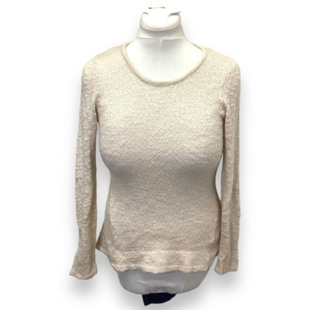 One World Women’s Long Sleeve Crewneck New Wave Textured Sweater, Beige, size PM
